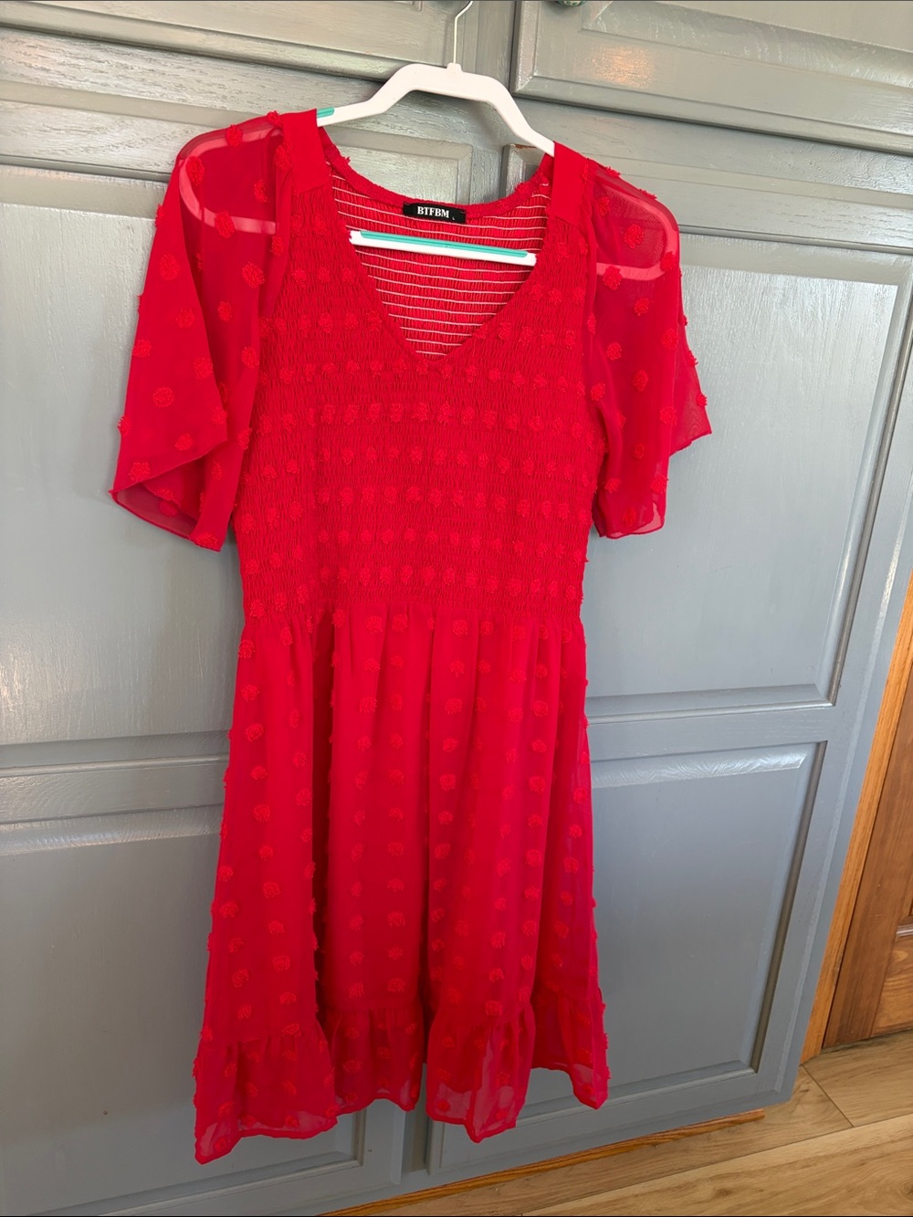 BTFBM Red V-Neck Smocked Casual Dress